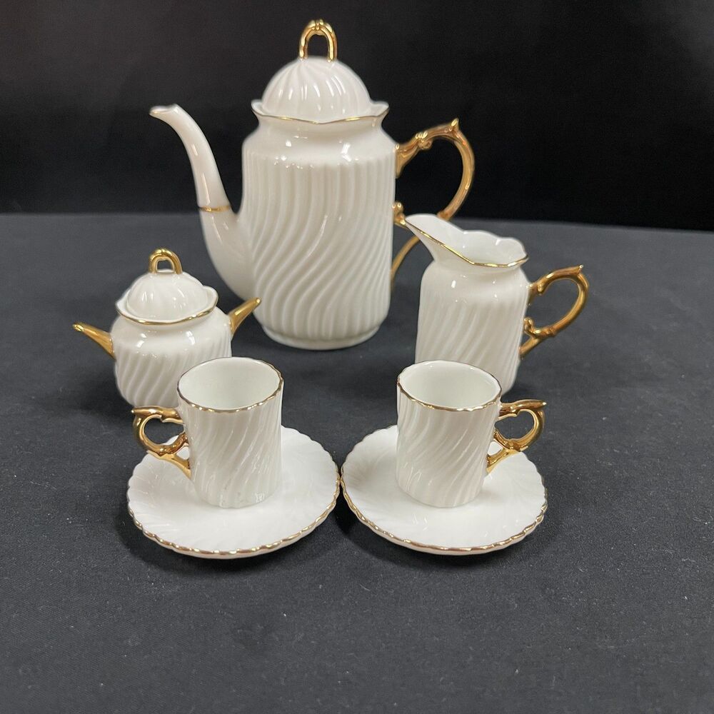 Formalities by Baum Bros Miniature Tea Set 9 Pieces Vtg White Gold Trim